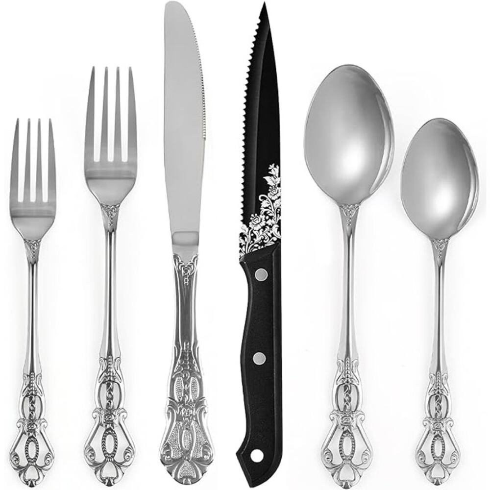 24PCS Stainless Steel Silverware / Flatware Set for 4 with Steak Knives
